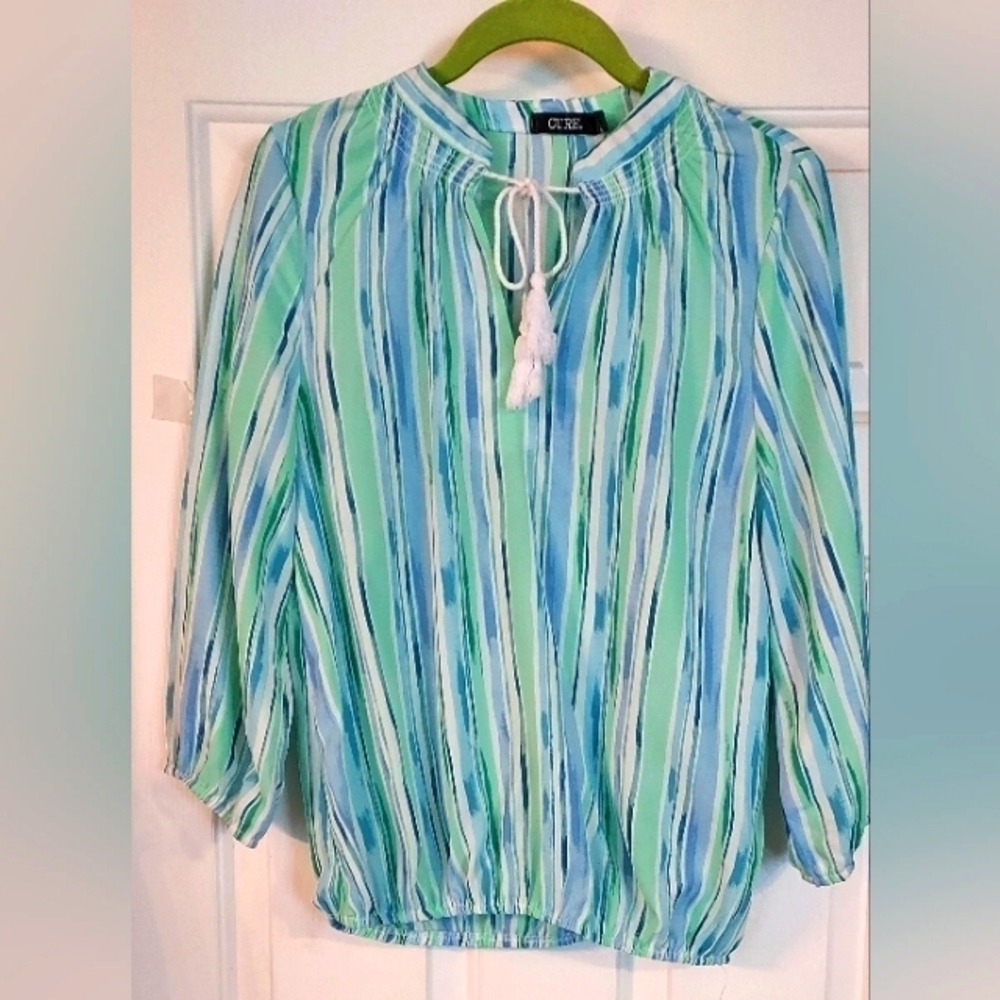 CURE. Brand Women's Multicolor Peasant Style Striped Blouse Top Size M